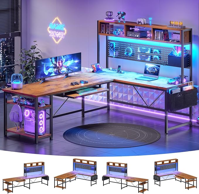 SEDETA L Shaped Computer Desk, Reversible Corner Desk with Power Outlet | Gaming Desk with Pegboard, Led Lights, Keyboard Tray, Headphone Hook and Storage Shelves, Rustic Brown by SEDETA