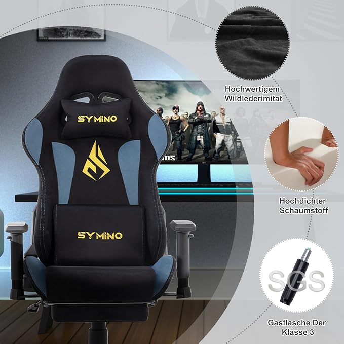 Symino Gaming Chair, High Back Ergonomic Office Chair with 2D Adjustable Armrests, 150° Recline, Breathable Faux Suede, Adjustable Headrest & Footrest for Home Office - Image 7