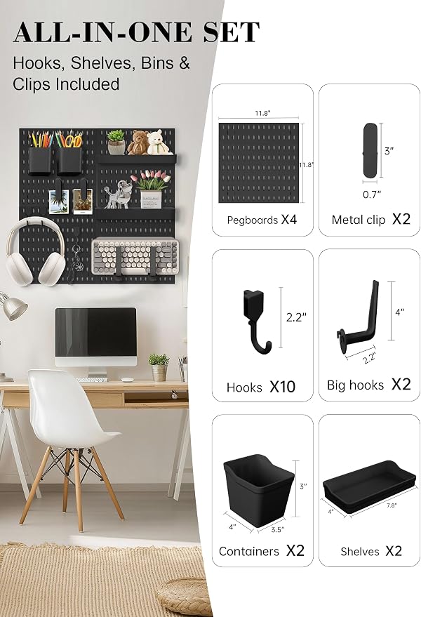 Pegboard Wall Organizer Set – 4 Peg Boards with Hooks & Shelves – Office, Kitchen, Gaming Room Desk Pegboard Storage – Peg Board Wall Display Rack (Black) - Image 2