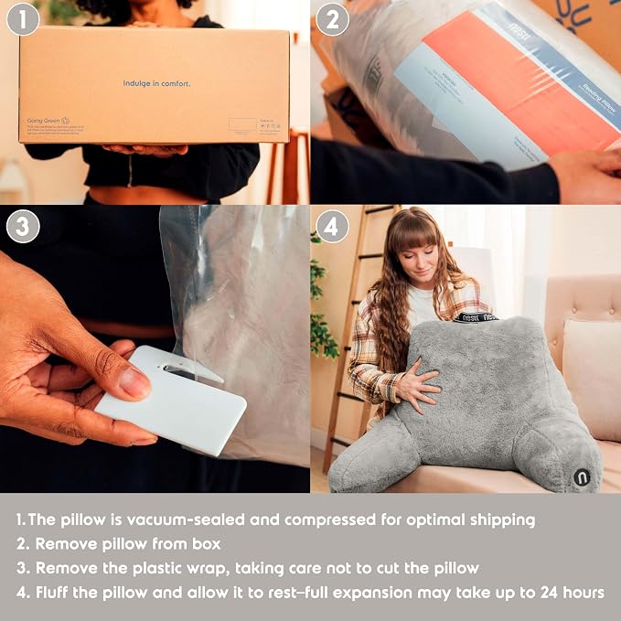 Nestl Fur Reading Pillow, Stylish Back Pillow for Bed Sitting Up, Faux Fur Bed Chair Pillow with Arms, Reading Pillows for Sitting in Bed Adult & Kids, Sit Up Back Support Pillow for Bed Rest - Grey - Image 8