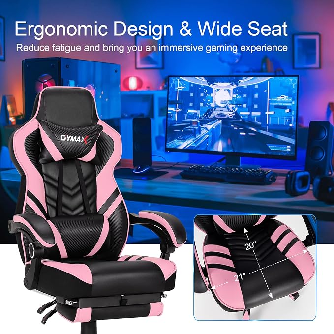 GYMAX Gaming Chair, Ergonomic Computer Chair with Footrest, Linkage Armrests & Lumbar Cushion, Big Wide High Back Video Gaming Chair, Reclining Office Rolling Chair for Adult/Teens (Pink) - Image 5