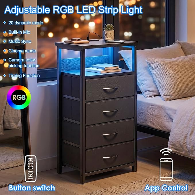 Fixwal Night Stand with Charging Station, Black Led Nightstand, 4 Drawers - Image 4