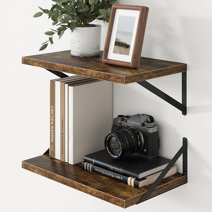 Axeman Deep Floating Shelves - 20 Inch Floating Shelves Set of 2-12 Inch Deep Brown Wood Wall Shelves for Living Room Bathroom Kitchen by Axeman
