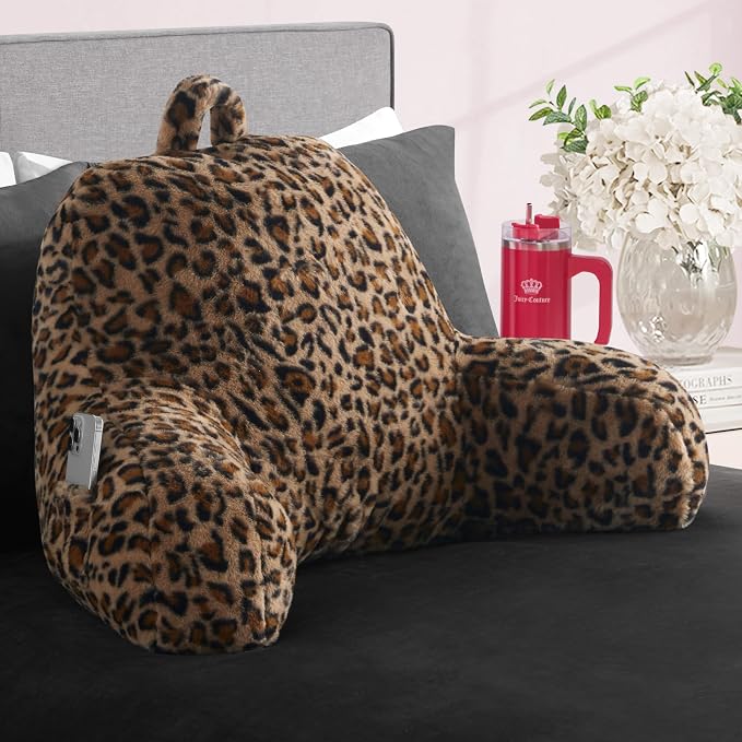 Juicy Couture Faux Fur Leopard Backrest Pillow - 30"x17" Supportive Bed Rest Pillow for Reading, Gaming, or Relaxing by Unknown