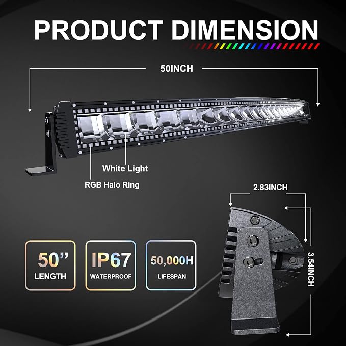 Lpteso RGBW Curved LED Light Bar 50Inch 288W +2x4Inch Flood RGB LED Pods - Image 2