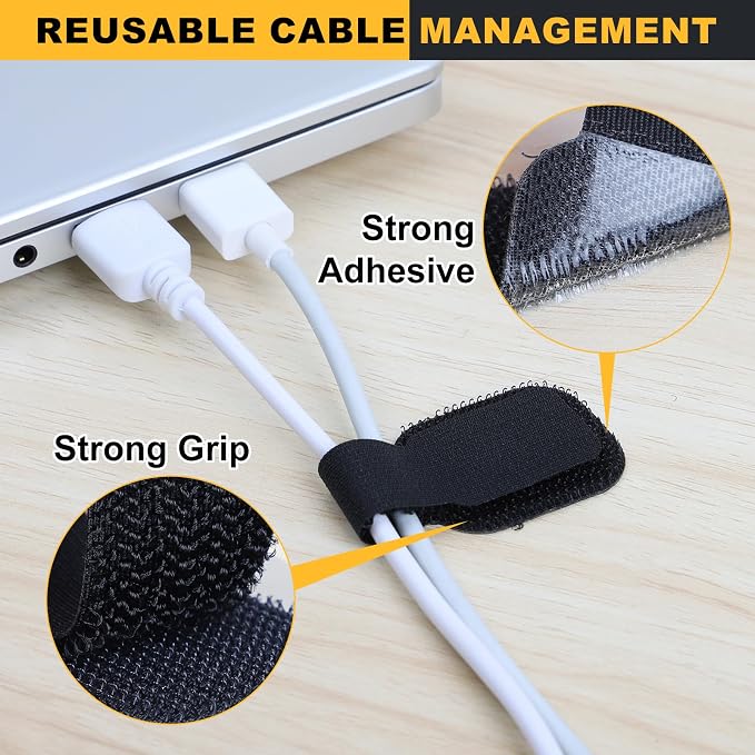 SummerBrite 40-Pack Self Adhesive Cable Straps, Heavy Duty Hook & Loop Ties with Strong Sticky Backing, Reusable Under Desk Cable Management Wire Organizers for Home Office PC, Black - Image 4