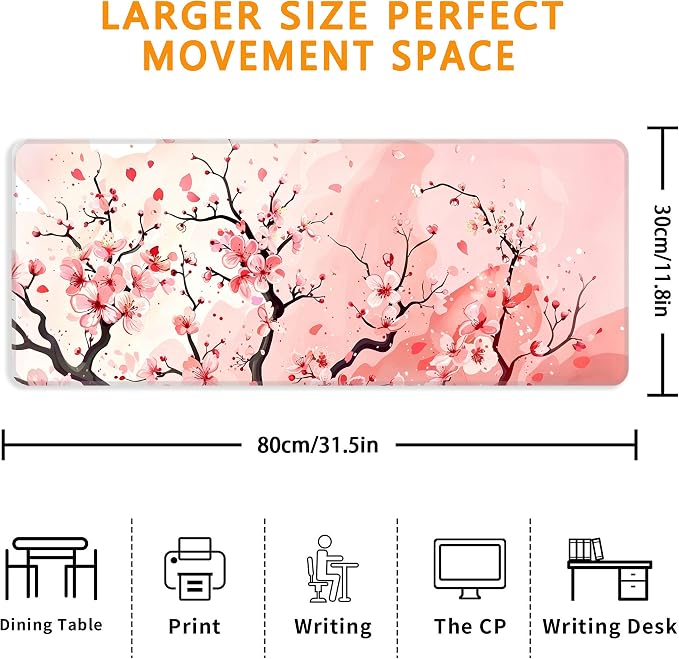 Pink Cherry Blossom Desk Mat, XL 31.5"x11.8" Large Mouse Pad, Cute Sakura Extended Gaming Mouse Mat,Non-Slip Rubber Base Waterproof with Stitched Edges for Gaming Office Home Decor - Image 3