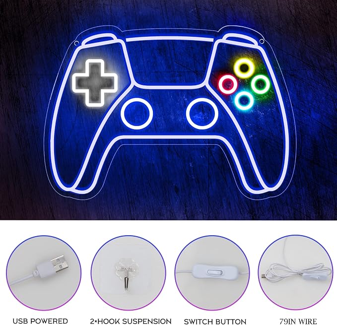 Gamer Neon Sign, Gamepad Shaped LED Neon Sign for Gamer Room Decor, Gaming Neon Sign for Boys Room Decor, Neon Gaming Sign for Gaming Wall Decor, USB Powered Gamer Gifts for Teens, Boys, Kids - Image 4