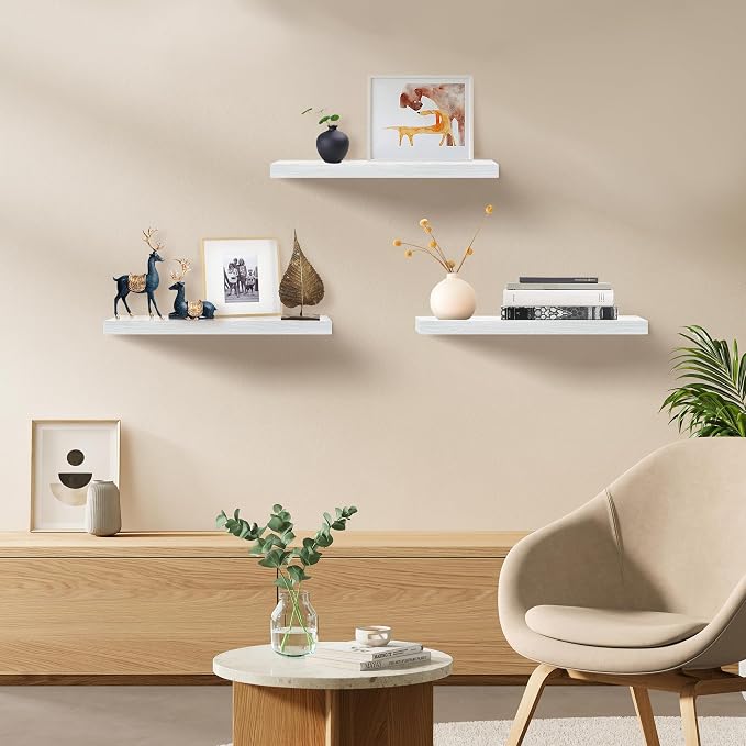 Upassion Floating Shelves for Wall Set of 3, 24" White Wall Shelves for Home Decor, Frame Display White Floating Shelf for Living Room, Bedroom, Bathroom, Kitchen - Image 2