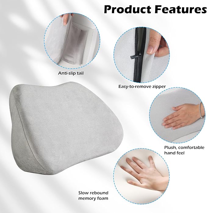 Lumbar Support Pillow for Car Lower Back Cushion, Gray, 2 Packs | Ergonomic Memory Foam Lumbar Pillow for Driving Seat, Office Chair, Gaming Chair, Lower Back Support for Back Pain Relief - Image 4
