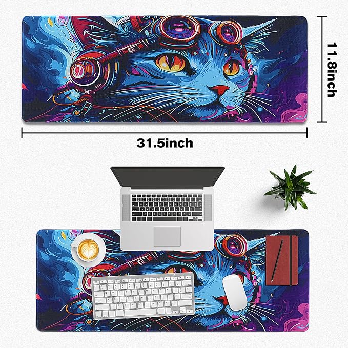 Mouse Pad Gaming - Desk Mat for Keyboard and Mouse - Cool Cat Head Large Mouse Pads for Desk, Gaming Mousepad with Non-Slip Base, Desks Pad (31.5" X 11.8") for Game, Office and Home - Image 5