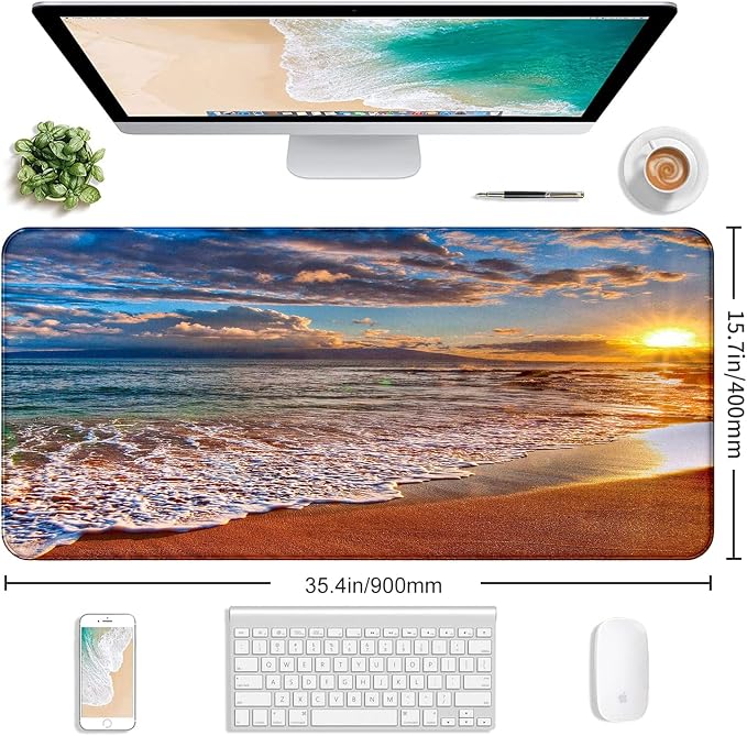 Sunset Beach Large Gaming Mouse Mat with Stitching Edges, Office Desk Mat | Large Extended Mouse Pad; Full Desk Coverage; Waterproof Coating; Stable Anti-Slide Base For Gaming, Office, Study Daily Use - Image 2