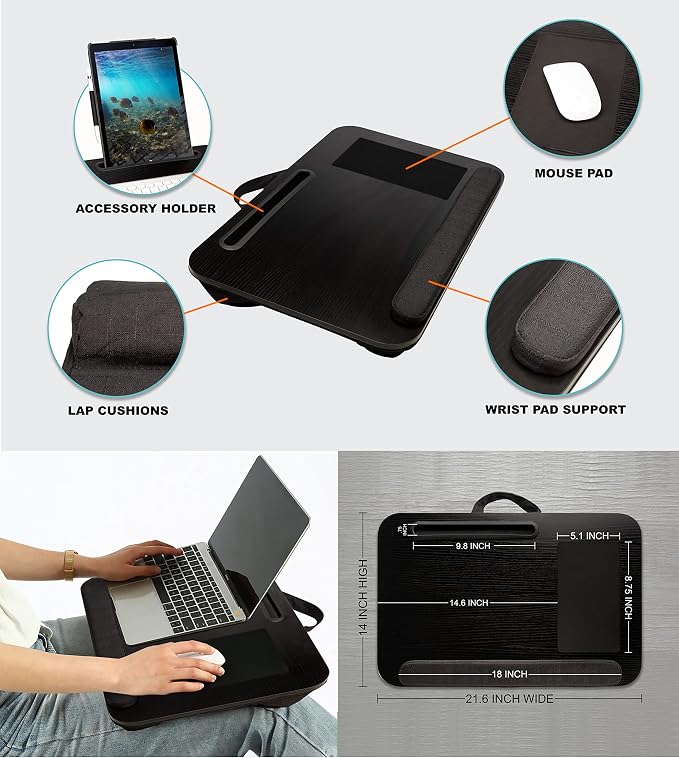 Prestige Import Group Portable Lap Desk with Built-in Mouse Pad, Wrist Pad, Tablet Holder, Cushioned Bottom in Black Oak - Fits up to 17" Laptops - Image 2