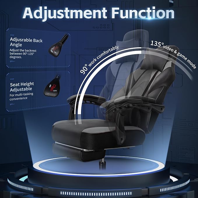 DL-win Gaming Chairs for Adults, Computer Chair with Footrest and High Back, Big and Tall Gamer Chair's with Massage Lumbar Support, 360° Swivel Height Adjustable Gaming Chair, Grey - Image 8