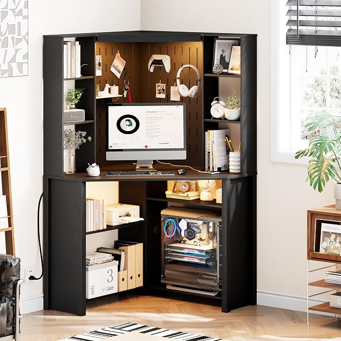 HNEBC Home Office Desk with Pull-Out LED,L-Shaped Corner Desk with Pull-Out LED Lights & Chariging Station,Computer Desk with Hutch & 10 Shelves,Pegboards for Work & Study,Black by HNEBC
