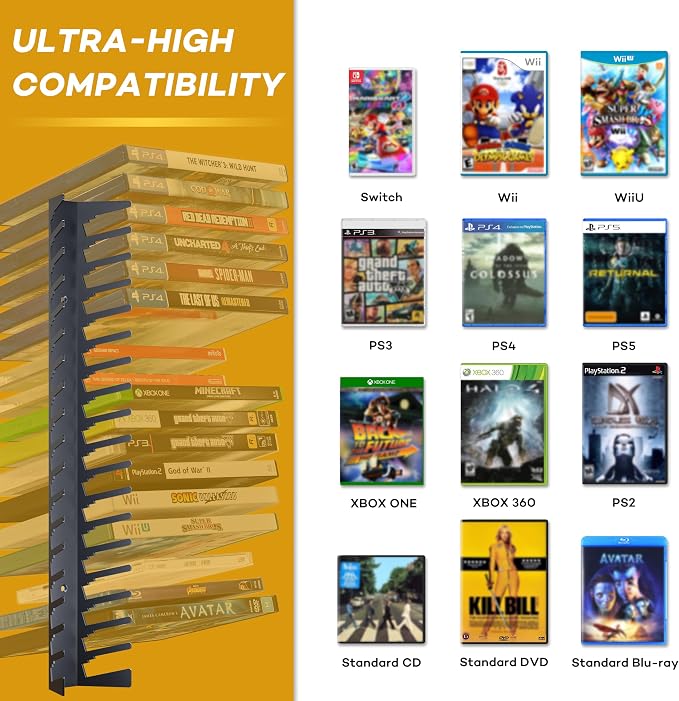 Funturbo Video Game Storage Wall Mount Game Case Holder, Metal Wall Mounted Media Storage Shelves for PS, Xbox, Switch Game Organizer (8-Pack) - Image 3