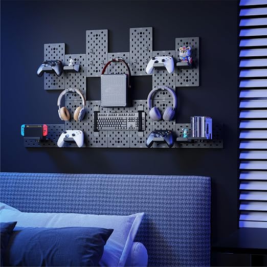 PEGZONE Controller and Headphone Holder Wall Mount, 14pcs, Black | Modular Gaming Pegboard with Accessories, Controller Stand, Disc Shelf Organizer - Image 7