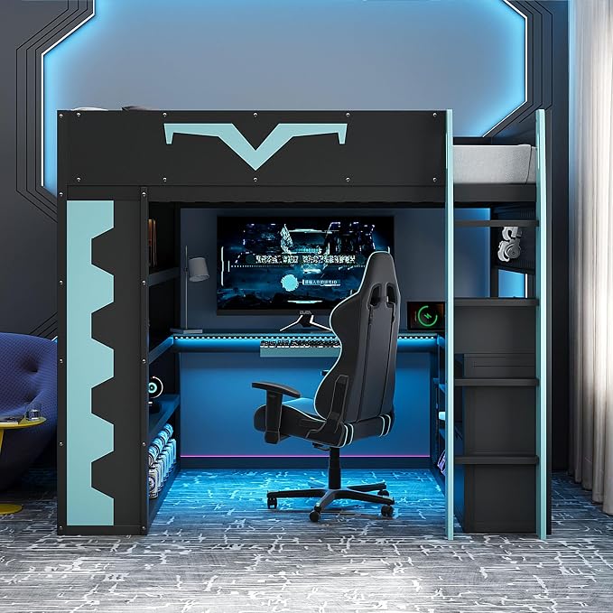 Merax Full Size Gaming Loft Bed with Desk and RGB LED Lights, Pro-Gamer Bed with Power Outlet, Large Bookshelf, Pegboard, Keyboard Tray & Drawer, Blue - Image 2
