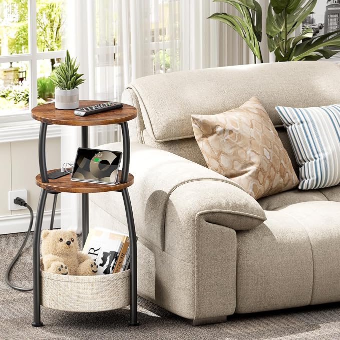Side Table with Charging Station, Small Round End Table with Basket - Image 2