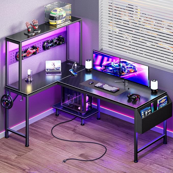 PRAISUN L Shaped Gaming Desk with LED Lights & Power Outlets | Reversible Computer Desk with Storage Shelves & Bag, Large Corner Home Office Desk for Work from Home, Carbon Fiber Black by PRAISUN