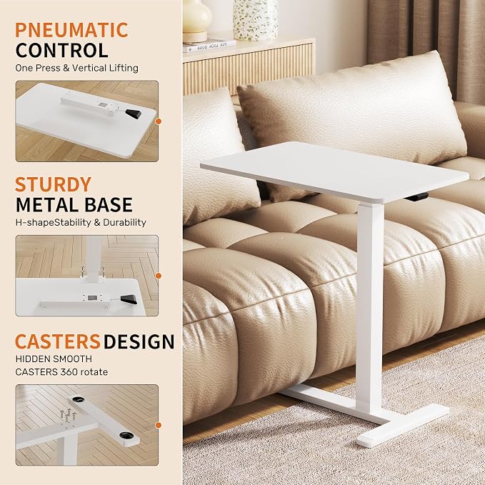 CROWNFURN Overbed Bedside Table with Wheels,Height Adjustable Bedside Table for Recliner,Rolling Standing Desk for Home Hospital,White - Image 5