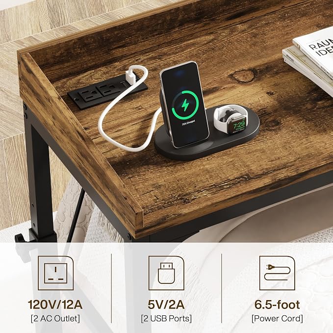 Tribesigns Height Adjustable Overbed Table with Wheels, Queen Size Over Bed Desk with Adjustable Tilt Stand, Mobile Laptop Cart Computer Desk with Outlets & USB Ports (Rustic Brown) - Image 4
