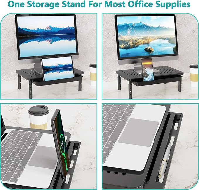 WALI Computer Monitor Stand with Storage, Desk Monitor Riser 3 Height Adjustable, Laptop Riser with Airflow Vents, Desk Organizer for Computer, Laptop, Printer, Notebook (STT003D-B), 1 Pack, Black | 3 Height Adjustable Laptop Monitor Riser with Airflow... - Image 4