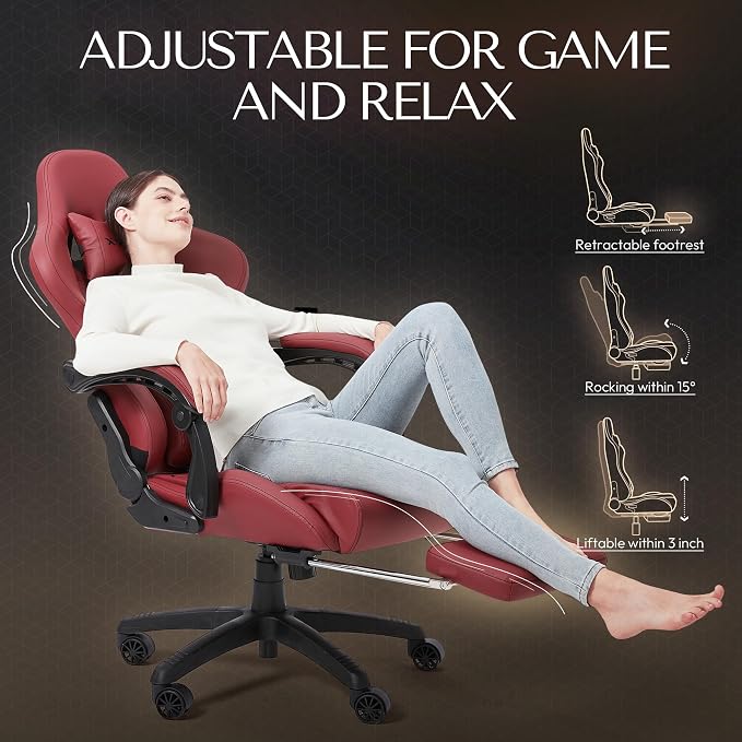 Dowinx Big & Tall Vintage Gaming Chair for Adults, 400 lb Capacity Heavy Duty Ergonomic Computer Chair with Massage Lumbar, Footrest & Easy Side Recline, Red - Image 7