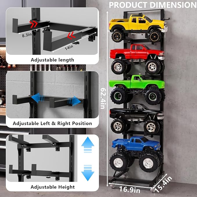RC Car Stand Display Rack 5-Tier Storage Shelf for RC Scale Model Cars 1/6 1/8 1/10 1/12 1/18 1/24 1/32 Adjustable Width & Height Universal RC Trucks Buggies Display Shelf with Mute Wheels - Image 2