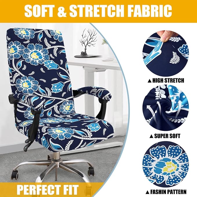 Smiry Office Computer Chair Cover with Armrest Covers, Midnight Blue | Stretch Printed Universal Removable Washable Desk Rotating Chair Slipcovers, Soft Anti-Dust Spandex Protector with Zipper - Image 3
