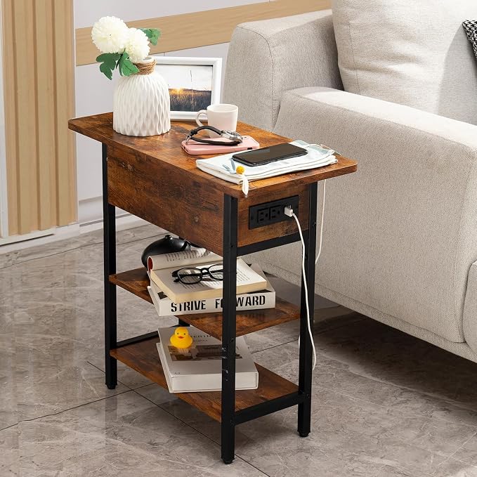 Yoobure End Table with Charging Station, Flip Top Side Table with USB Ports and Outlets, Sofa Couch Table Bedside Table for Living Room Bedroom, Narrow Nightstand with Storage Shelves for Small Space - Image 8