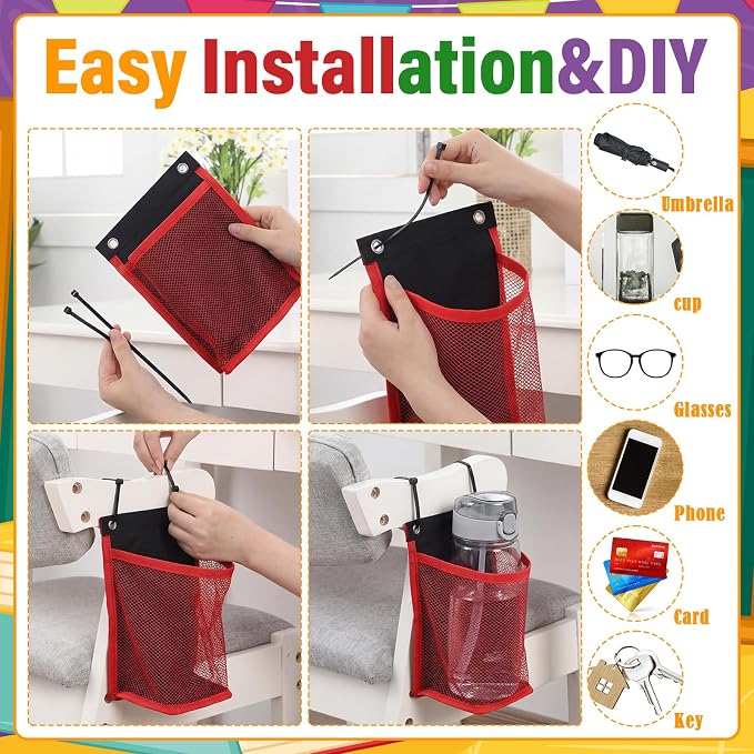 12 Pcs Water Bottle Holder for Classroom Desk Anti-Spill Chair Cup Holder with 50 Pcs Black Zip Ties Back to School Gift for Students Water Bottle Pockets for Student Classroom Chair Pocket(Colorful) - Image 3