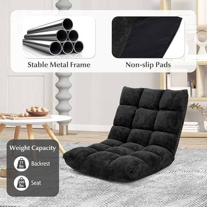 14-Position Floor Sofa, Folding Gaming Sofa Chair, Comfy Cushions & Study Steel Frame, Angle Adjustable Sleeper Bed, Couch Recliner (Black) - Image 6
