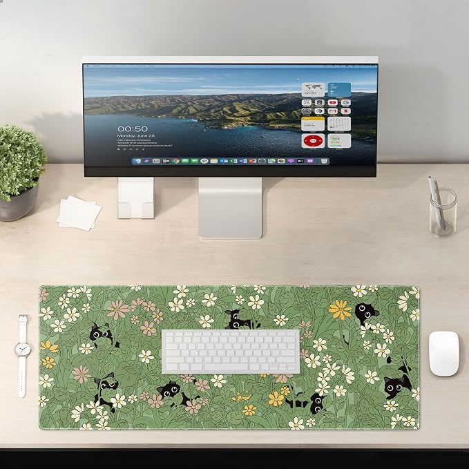 Cute Cat Mouse Pad Large Green Desk Mat Extended Keyboard Mouse Pad Kawaii Mousepad with Non-Slip Base and Stitched Edge Plant Mouse Mat Desk Pad 31.5 x 11.8 in Mouse Pads for Decor Home Office Gaming - Image 6