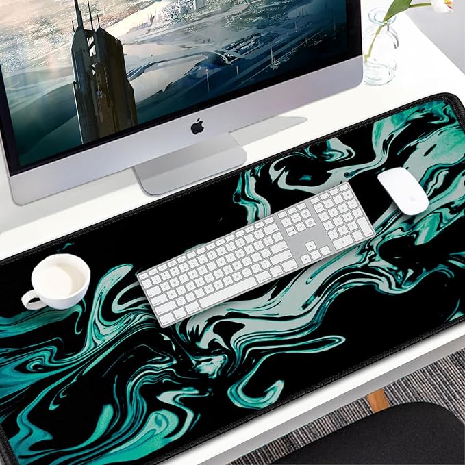 Large Mouse Pad, 31.5x15.7 inch Large Extended Computer Keyboard Mouse Mat, Water Resist Non-Slip Mousepad Rubber Base Long XXL Desk Mouse Pad for Gaming, Office & Home, Marble Cyan - Image 7