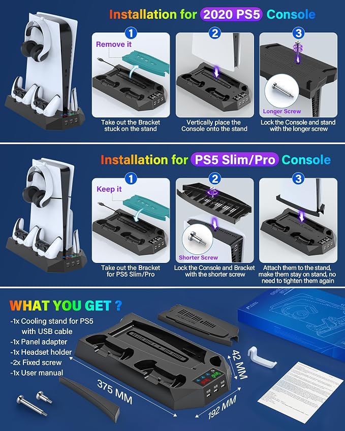 PS5/PS5 Slim/PS5 Pro Stand and Cooling Station with Dual Controller Charging Station for PlayStation 5 Console, PS5 Accessories Incl. Controller Charger, Cooling Fan, Headset Holder, 3 USB Hub, Black - Image 7
