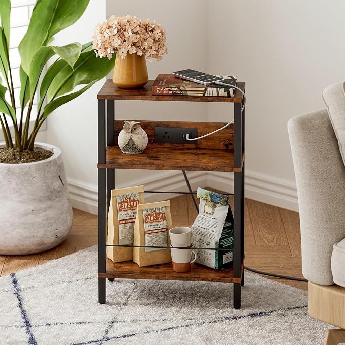 Narrow Nightstand with Charging Station,Rustic Brown Side Table with Outlet - Image 3