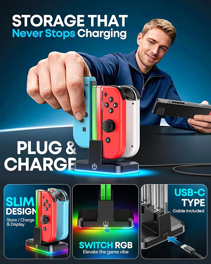 Switch Joycon Charger for SW 1 Model with 9 RGB Light Modes, Switch Controller Charger Stand with LED Indicators, SW Charging Dock Station for 4 Joycon Charging - Image 4