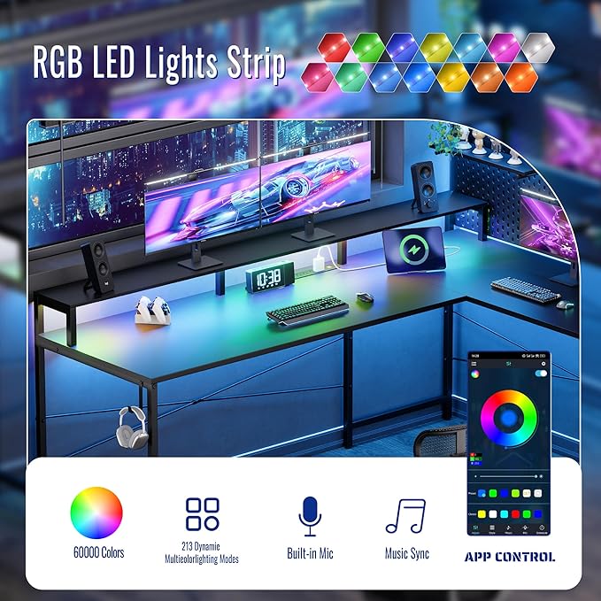 Pamray 64 Inch L Shaped Gaming Desk with Monitor Stand and Power Outlets | Large Corner Computer Desk With Pegboard & Led Lights USB Charging Ports for Home Office Study and Writing Bedroom and Dorms - Image 4