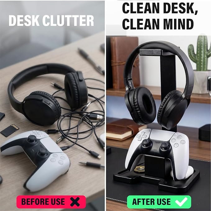Gaming Accessories Headset Stand with Game Controller Holder & Storage Base, Stylish Gamer Gifts for Men Teenage Boy Headphone Stand, Unique Gifts for Gamers to Organize Gaming Equipment (Black Wood) - Image 6