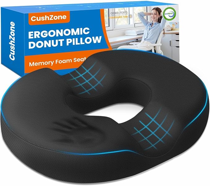 Donut Pillow Seat Cushion, Office Chair Cushion, Black, Large | Ergonomic Design, Breathable Cover, for Tailbone Pain, Hemorrhoids & Long Sitting Hours, for Home & Office by CushZone