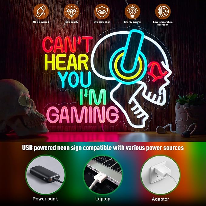 Gaming Neon Sign Can't Hear You I'm Gaming Skull Gamer LED Light Bright USB Powered Light up Game Signs with dimmer for Game Zone Video Room Boy Bedroom Wall Decor Compatible with Timer - Image 3