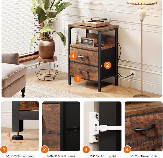 Lazzanto Night Stand with Charger Station for Bedroom, Brown Nightstand - Image 5