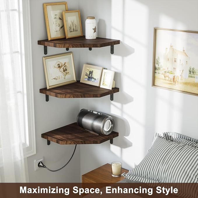 Alsonerbay Pine Wood Corner Shelves with Cord Hole 3-Pack, Carbonized Black - Image 3