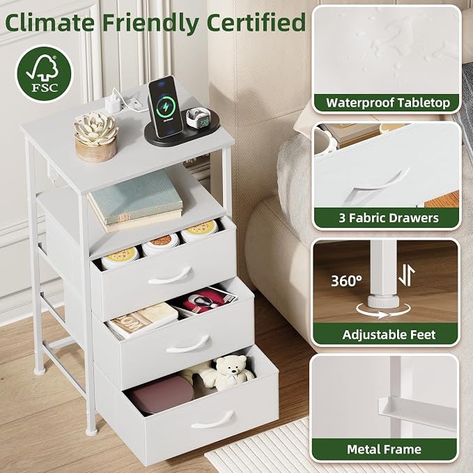 Somdot Nightstands Set of 2 with 3 Drawers, Charging Station & LED Light - Image 6