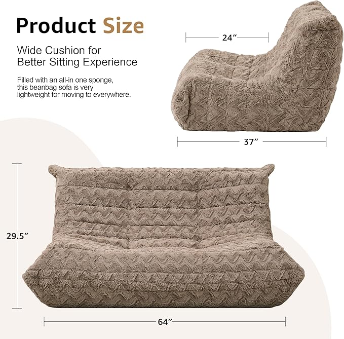 Hobestluk Large Bean Bag Chairs for Adults Fireside BeanBag Couch Togo Sofa | Ergonomic Design,Memory Foam,No Assembly,Faux Fur Fireside Lounge Floor Chair Back Support Lounging | Brown Chevron Loveseat - Image 2