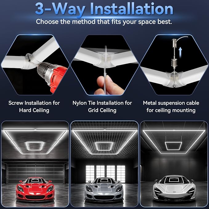 LZHOME LED Garage Lights: Super Bright Suspendable or Surface-Mounted Square Garage Lights, 5000K Natural White LED Lighting Hexagon Shop Light for Warehouse Gym Barber's Shop - Image 4