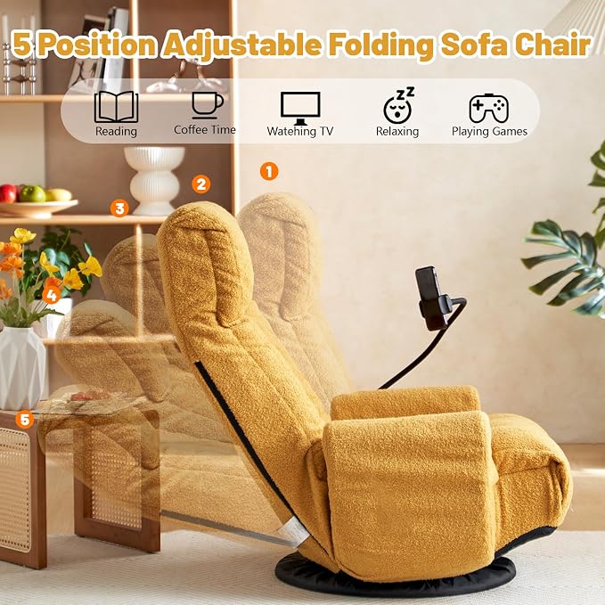 360° Swivel Gaming Floor Chair, 5 Position Adjustable Folding Sofa Chair with Armrests & Phone Holder, Cushion Padded Indoor Chaise Lounge for Adults, Home Office Floor Leisure Chairs, Yellow - Image 6