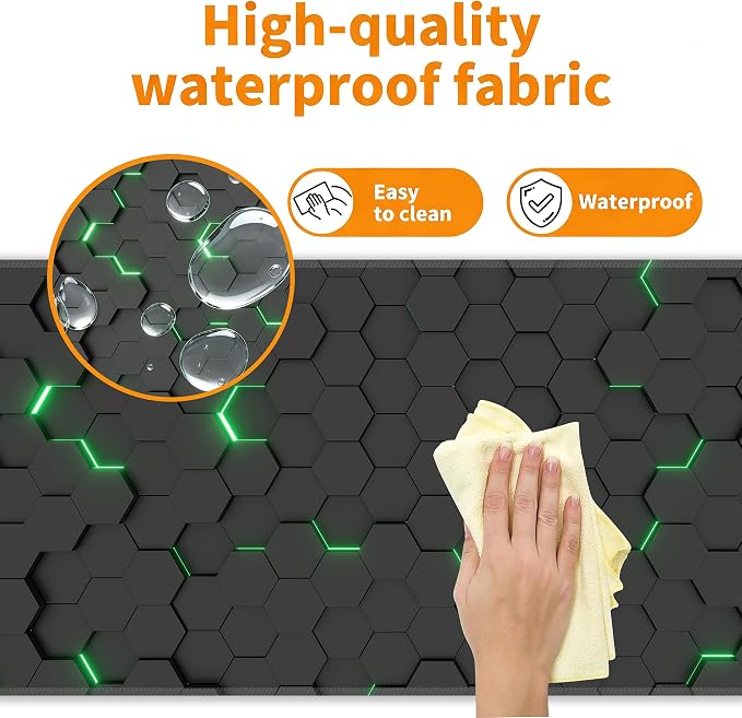Green Hexagon Honeycomb Desk Mat, XL 31.5"x11.8" Large Mouse Pad, Geometric Extended Gaming Mouse Mat,Non-Slip Rubber Base Waterproof with Stitched Edges for Gaming Office Home Decor - Image 4