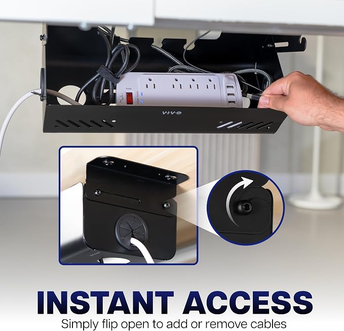 VIVO 19 inch Screw-On Under Desk Cable Management Box with Flip-Open Lid, Easy-to-Open Steel Cord and Power Strip Organizer, Cable Organizer Tray, 11lbs Capacity, Black, DESK-ACMB20-S - Image 3
